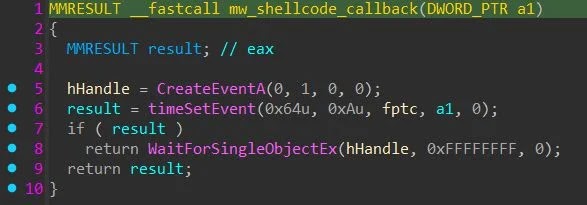 Η διεύθυνση του shellcode μεταβιβάζεται ως δεδομένα χρήστη στο timeSetEvent (Πηγή - Huntress) 